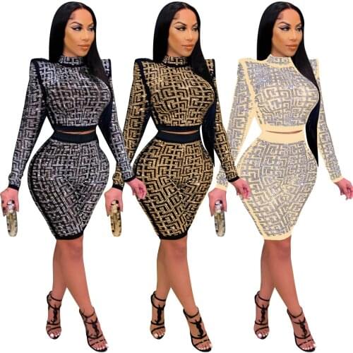 Fashion long-sleeved T-shirt shorts 2-piece suit Printed shoulder blouse with trendy skirt pants blouse trendy skirt pants