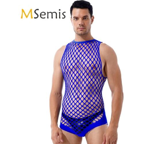 Mens One-piece Hollow Out See-through Netted Bodystockings Lingerie Halter Neck Sleeveless Stretchy Bodysuits Nightwear