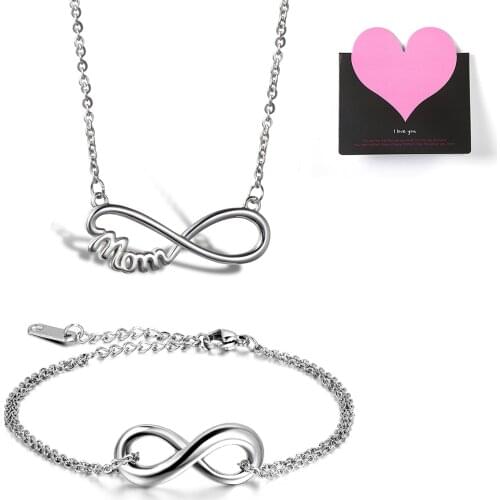BONISKISS Stainless Steel Infinity Pendant Necklace Bracelet Set For Mom Fashion Jewelry Mothers Day Gifts with Elegant Card