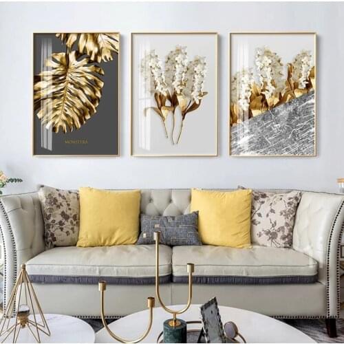 Nordic Gold Abstract Leaf Flower Wall Art Canvas Painting Feathers Poster Print Wall Picture for Living Room Home Cuadros Decor