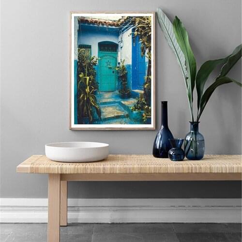 Nordic Blue Door Tile House Green Plants Posters Canvas Painting Travel Wall Art Print Pictures For Living Room Home Decoration