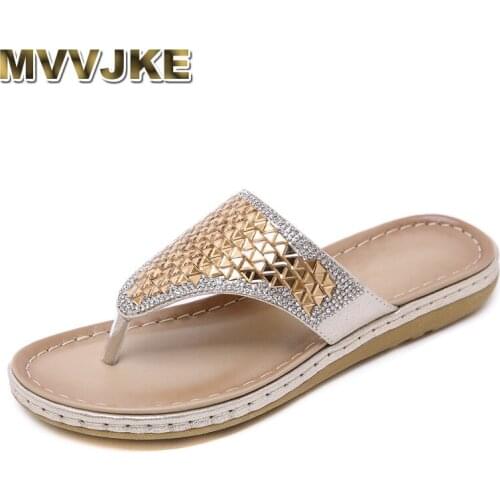 MVVJKE Summer Women Slides Flat Slippers Shoes Woman Fashion Crystal Bohemian Ethnic Plus Size Flip Flop Beach Sandals