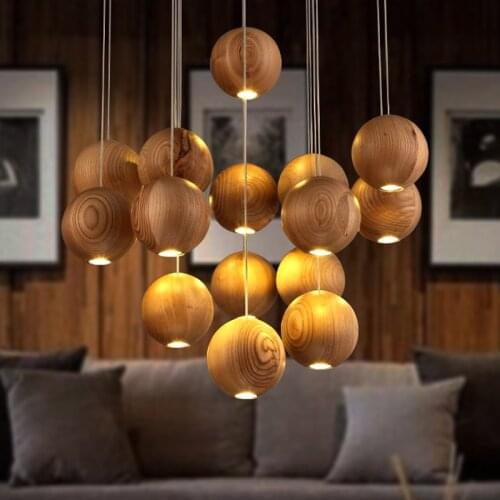 Solid wood modern pendant light Chinese Japanese Nordic creative minimalist living room dining wood ball wooden pendant lamp