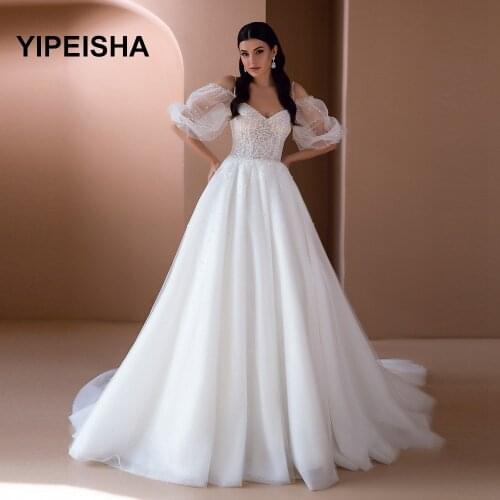 Boho IIIusion Wedding Dress Puff Sleeve Bridal Gowns Sweetheart Neck Chapel Tarin pearl Vestido de novia