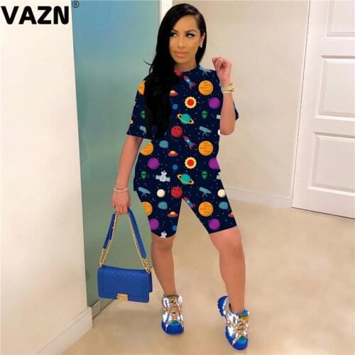 VAZN 2020 Summer Hot Sales Black Young Casual Soft Daily Short Sleeve Top Top Knee Length Tracksuits Slim Women 2 Piece Se