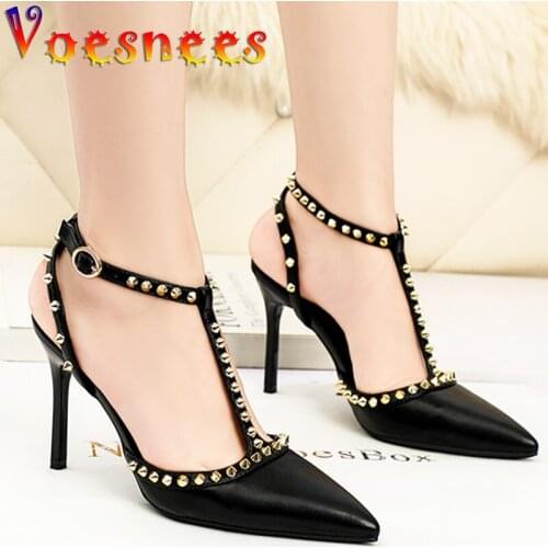 Fashion New Pointed Summer Office Womens Shoes T-Tied Thin High Heels Nightclub High Heels Sexy Rivet Patent Leather Sandals