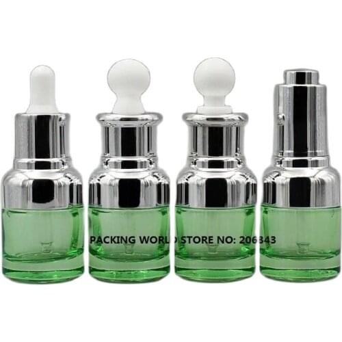 20ml green glass bottle with silver shoulder and silver collar bulb dropper for serum/oil/essence/liquid dropper bottle