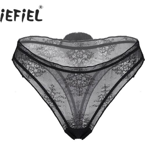 Women Female Skinny Print Lace Briefs Low Waist See-through Exotic Panties Underwear with Removable Fluffy Ball for Nightclub