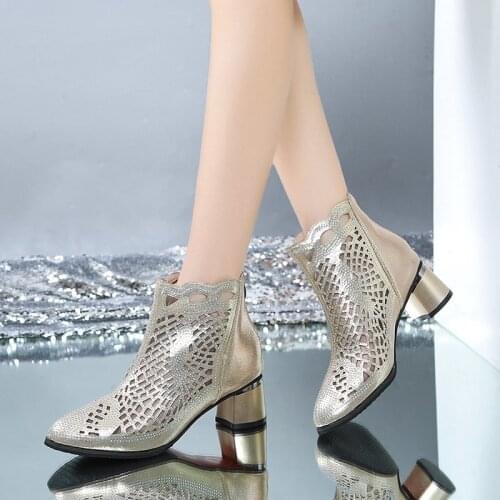 LLOGAI Nice Women Boots New Summer Shoes Thick Heel Hollow Mesh Boots Vogue Sandals Breathable Female Shoes Sandalias Mujer