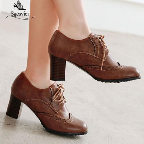 Sgesvier 2019 Autumn Summer Vintage Black Green Gray Brogues Lace Up Women High Heels Pumps Rome Retro Block Heel Shoes G530