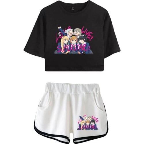 Love Live superstar Shibuya Kanon Tang Keke Print Summer Women/Girl Sets Sexy Short Tops+shorts Elastic Waist Suit Two Piece Set