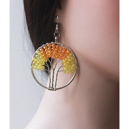 1 Pair New Arrival Boho Style Colorful Crystal Life Tree Round Dangled Earrings for Women E106