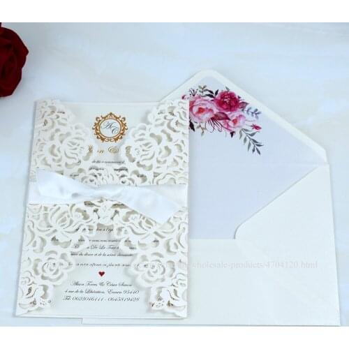 2020 Ivory Rose Laser Cut Wedding Invitations with Flower Printed Lined Envelope and Seal Personalized Quinceanera Invitation