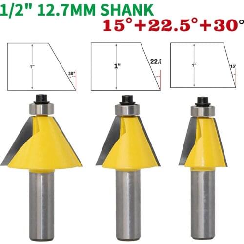 3PCS/Set 1/2" 12.7MM Shank Milling Cutter Wood Carving 15 22.5 30 Degree Chamfer Bevel Edging Router Bit woodworking Router Bits