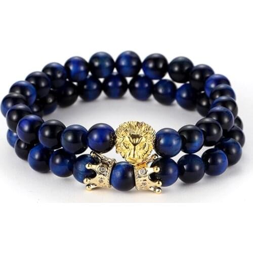 8mm 2PCS/Set 6uht3 elastic adjusted nature blue Tigereye bead micro pave cz zircon cubic zirconia Lion head Crown Bracelet
