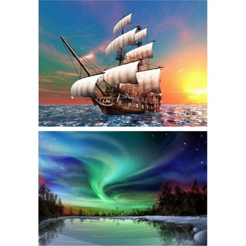 5D DIY Diamond Painting Boat Scenery Cross Stitch Needlework Ship & Full Drill DIY Diamond Painting Aurora Cross Stitch