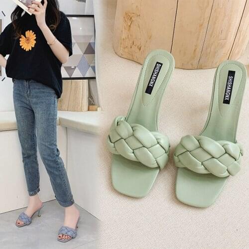 Women Sandals 2021 Summer Sexy Closed Toe Stilettos Sandals Women Fashion Square Toe Weave Heels Zapatillas Muje