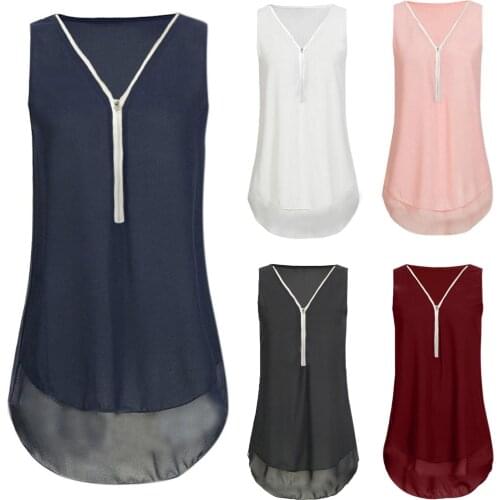 Zipper Womens T-shirts Shirt Deep V Lace Collar Casual Vintage Summer Sexy Sleeveless Hem Loose Shirts T-shirts Women Tops