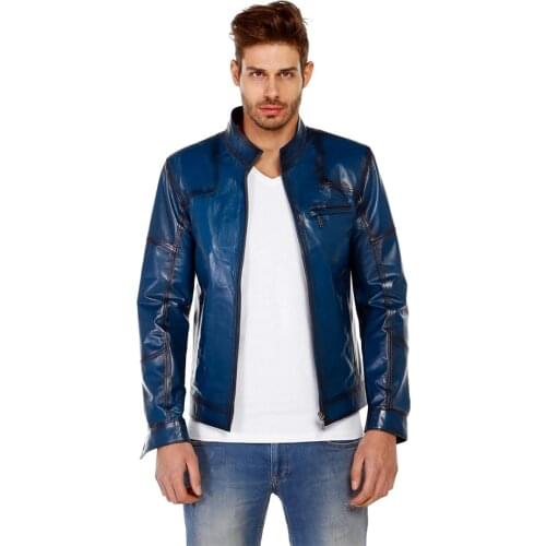 Genuine Soft Leather Handmade Blue Man Jacket Biker Style High Quality Lambskin Metal Zipper Autumn Winter Gift For Valentines
