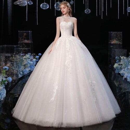 2020 New Fashion High Neck Wedding Dress Vestido De Noiva Luxury Lace Sequins Wedding Gowns Floor-length Bride Dress Plus Si