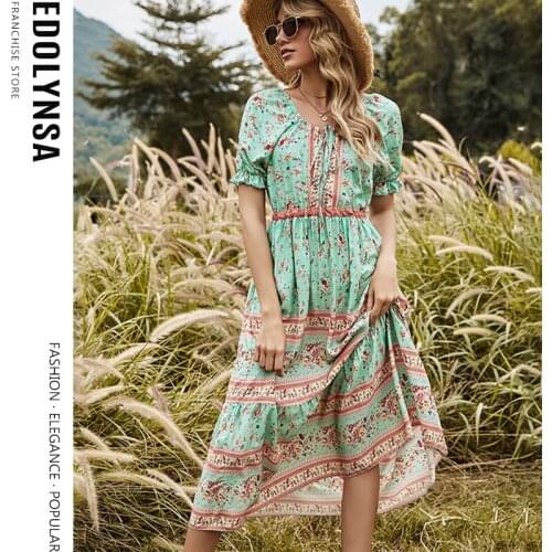 Sexy 2 Way Slash Neck Short Sleeve Dress Mori Girl Style Holiday Dress Boho Printed Midi Dress Summer Dress Woman 2021