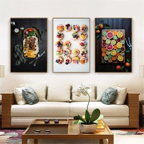 Food Dessert Fruit Poster Beef Pomegranate Lemon Cake Orange Canvas Painting 3D Kitchen Wall Art Pictures for Dining Room Decor