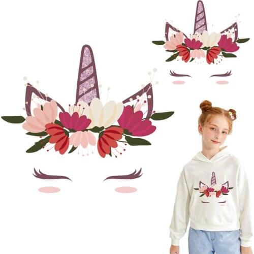 Pink flower unicorn patch Iron on transfer for clothing stripe transfer ironing Parch нашивки T shirt thermo Stickers on clothes