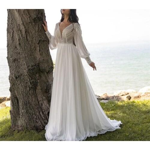 Empire Chiffon V-Neck Bridal Gown A-Line Long Sleeve Wedding Dress Boho Lace Chiffon Romantic vestidos de mairee Wedding Dress