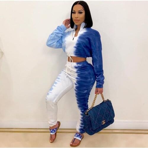 Tracksuit Women Fashion Tie Dyed Printed Exposed Navel Sports Shirt 2 Pieces Set Pullover Suit Autumn Sportswear Pant Suit