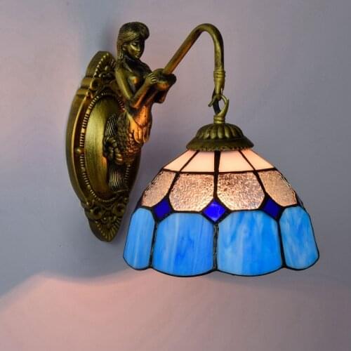 European-Style Vintage Tiffany Colored Glass Living Room Dining Room Bedroom Bar Club Aisle Mediterranean Blue Wall Lamp