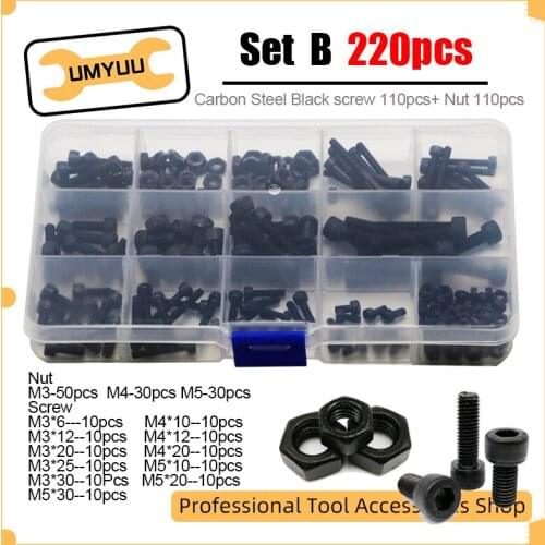 UMYUU 220Pcs/lot Hexagon Socket Head Cap Screw Nut 12.9 Grade Carbon Steel Black M3 M4 M5 Screw Set Bolt And Nut Assortment Kit