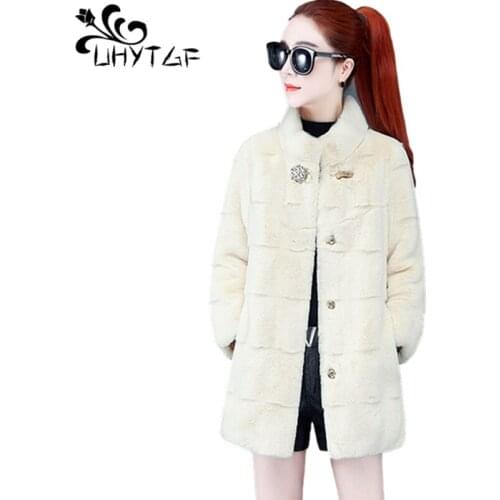 UHYTGF Quality Mink Fleece Fur Jacket Mid-Length Temperament Womens Winter Coat Fashion Single-Breasted Casual Warm Outwear 1183