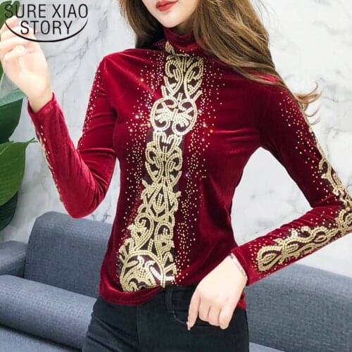 Korean fashion clothing 2020 Velvet Diamonds Leopard Turtleneck plus size women tops black long sleeve top shirts women 7853 50