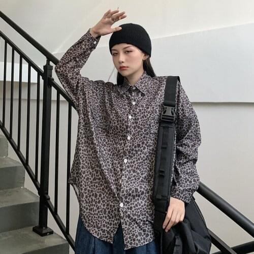 Long Sleeve Leopard Shirts for Womens 2021 Fashion Trends Dark Gothic Clothing Girls Oversized Streetwear Button Blouse and Tops