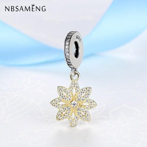 New 100% 925 Sterling Silver Bead Charm Gold Full Crystal Flower Pendant Charms Beads Fit Bracelet DIY Women Jewelry
