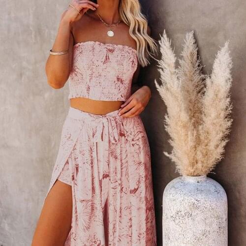 Summer Sexy 2 Pieces Sets Floral Beachwear Women Clothes Strapless Loose Wide Leg Pants Outwear Tube Top Female Long Skirts