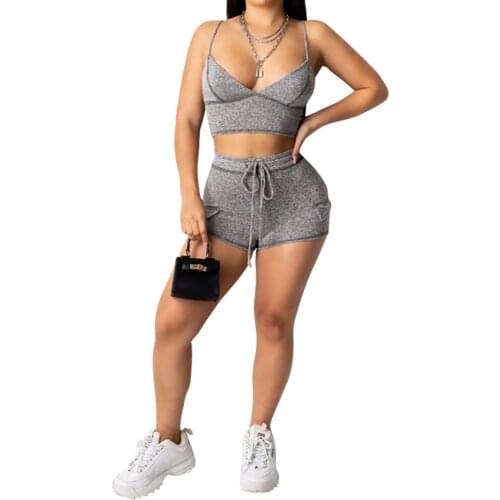 Women Summer Sports Set Female Sexy Cropped Shirt High-Waist Shorts Lace-up Wrapped Chest Bandage Casual Pure Color 2 Pcs