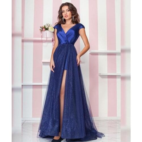 Elegant Navy Blue Evening Dress Satin Off Shoulder Side Slit Floor Length Court Train Women Formal Gown Graceful Shinny Backless