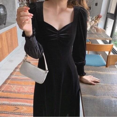 Long Sleeve Black Velvet Dress Women Party 2021 Autumn Vintage Midi Dress Office Lady Elegant One Piece Dress Korean Fashion