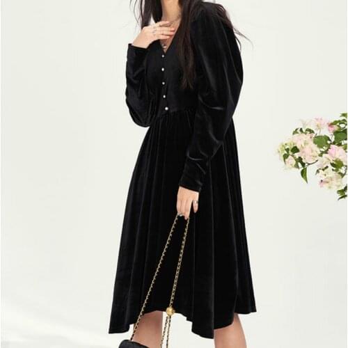 Retro Fashion French Style V-neck Puff Sleeve Black Dress Elegant Velvet Mid Dress Women Autumn Outfit Vestidos Mujer 2021 New