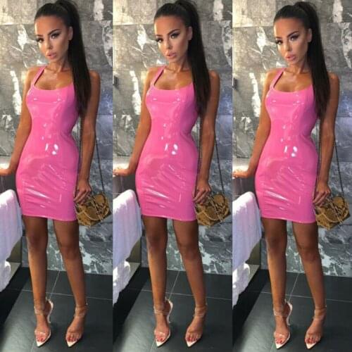 2020 Newest Hot Summer Women Dress Sexy Solid Color PU Leather Bandage Bodycon Sleeveless Club Party Short Mini Dress Vestidos