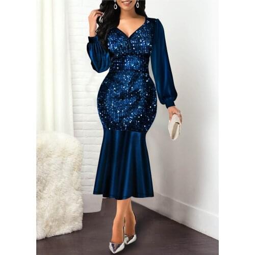 2021 spring and autumn V-neck stitching sequin slim party dress high waist mid-length fishtail skirt large size women dress