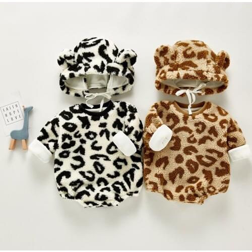 Winter Baby Romper Set Leopard Newborn Baby Jumpsuit With Hat Thick Fleece Boys Playsuit And Pants Toddler Clothes Set Overalls