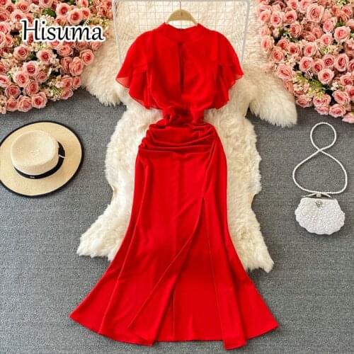 2021 summer new womens chic o-neck flying sleeve hollow out split chiffon sheath dresses female retro fishtail party dress
