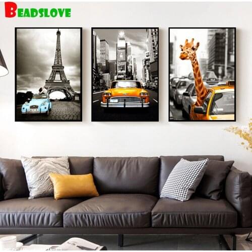 3 pcs Vintage Car City Giraffe diamond Paintings Abstract Wall Art diamond embroidery Triptych for Living Room Home Decoration