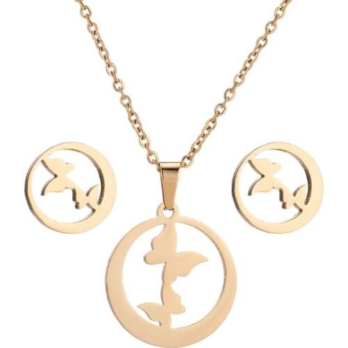 AsJerlya Butterfly Round Pendant Necklace Butterfly Stud Earrings Stainless Steel Jewelry Good Friends For Women Jewelry Gift