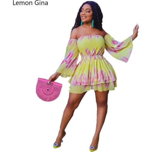 Lemon Gina Summer 2021 Chiffon Print Off-the-shoulder Midlength Skirt Jumpsuit Fake Two-piece Set