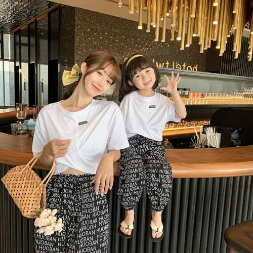 Mother Daughter Summer Cotton T Shirt+Pants 2Pcs Clothing Set Mom And Daughter Home Wear Kid Girls Mother Family Matching Outfit
