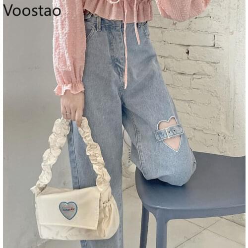 Sweet High Waist Blue Denim Pants Women Chic Love Hearts Hollow Out Wide Leg Pants Jeans Female Harajuku Y2K Straight Trousers