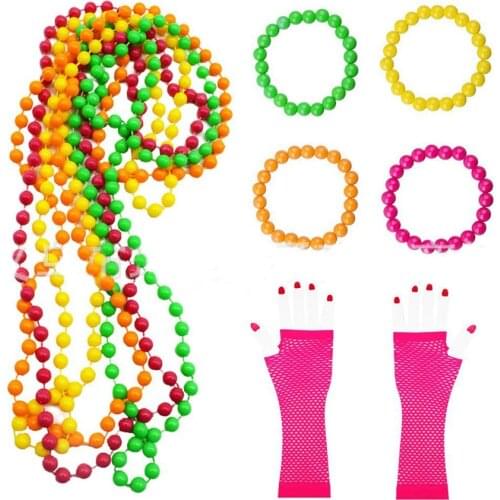80s Neon Party Supply Fancy Dress Costume Outfit Accessories Set Headband Fishnet Gloves Necklace Bracelet Christmas Xmas